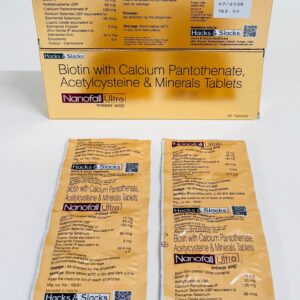 Nanofall Ultra Tablets with Biotin 10mg, Calcium Pantothenate 100mg, Acetylcysteine 50mg, Selenium 65mg, Copper 3mg, and Zinc 22.5mg.