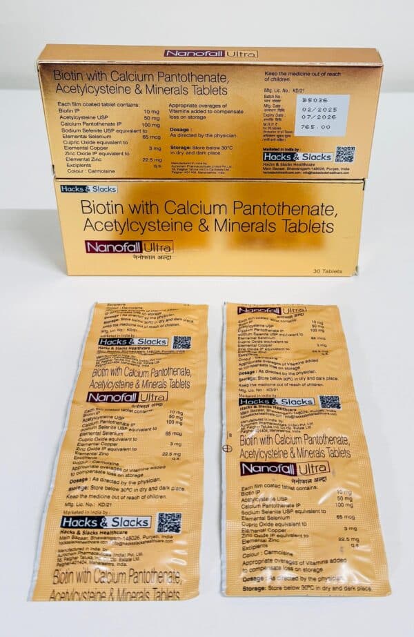 Nanofall Ultra Tablets with Biotin 10mg, Calcium Pantothenate 100mg, Acetylcysteine 50mg, Selenium 65mg, Copper 3mg, and Zinc 22.5mg.